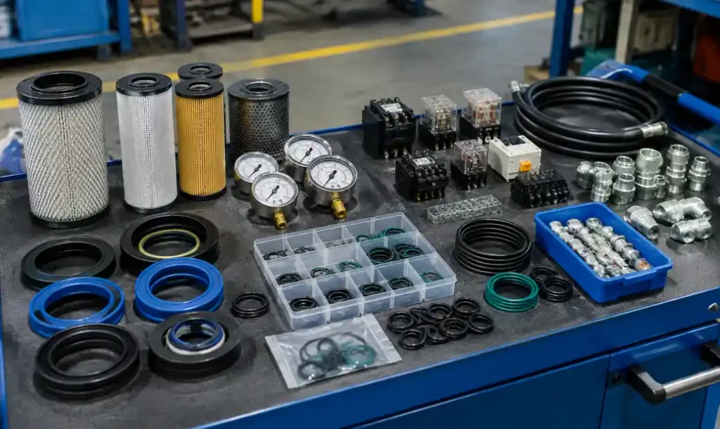 Block machine spare parts kit including seals, filters, and hydraulic components