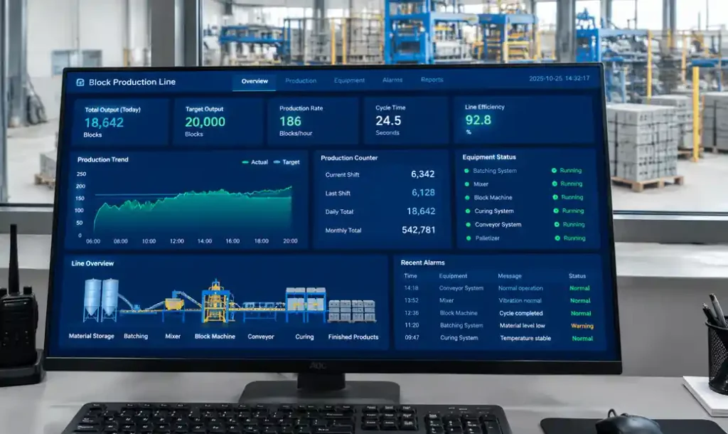 Digital production monitoring dashboard displaying real-time cycle times and output data