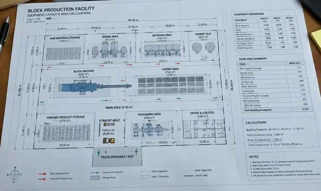 Block factory floor plan blueprint showing equipment placement and space calculations