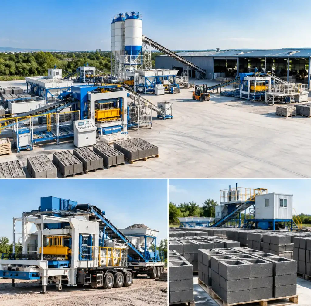 Combined stationary and mobile block machine operations