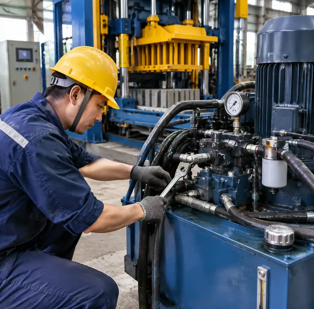Technician performing hydraulic system maintenance on automatic block machine