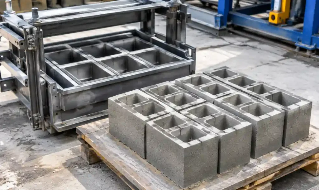 Block machine mold with freshly produced concrete blocks showing quality output