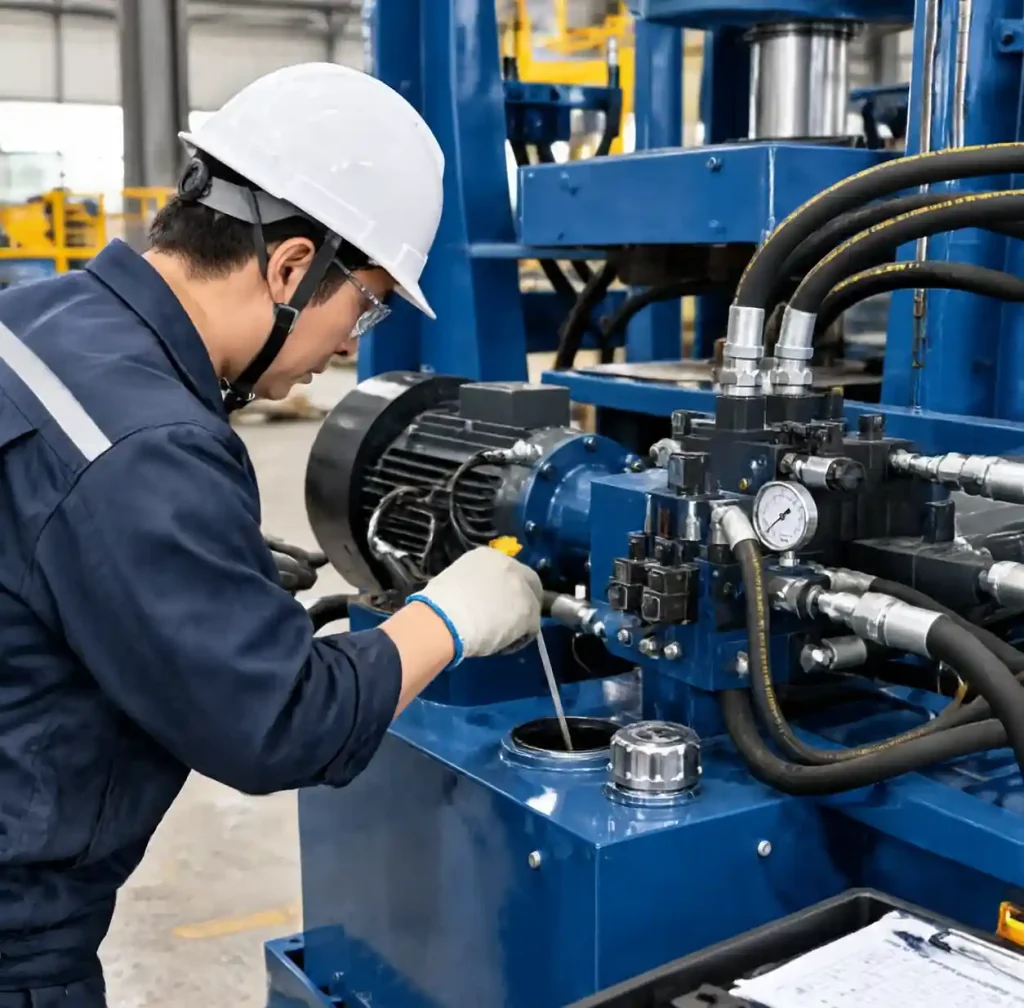Maintenance technician performing preventive inspection on block machine hydraulic system