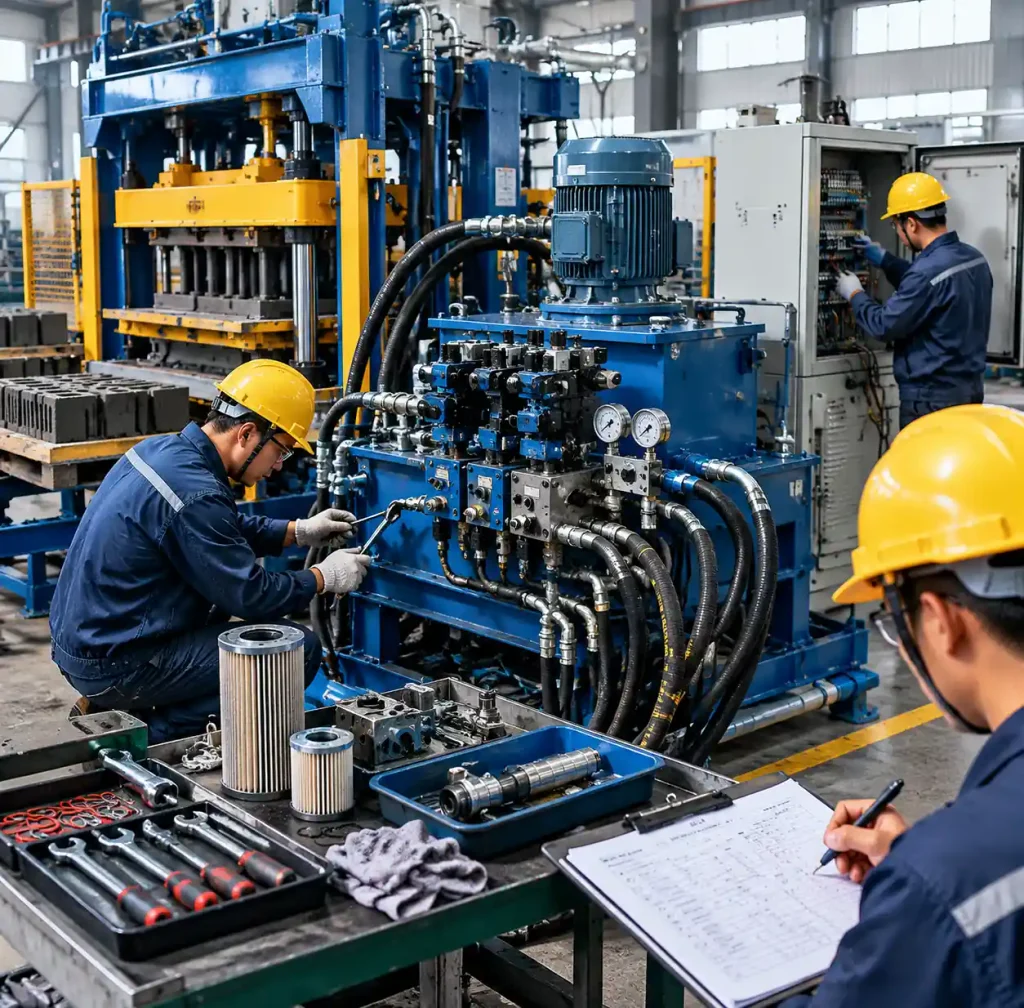 Scheduled maintenance being performed on hydraulic block machine