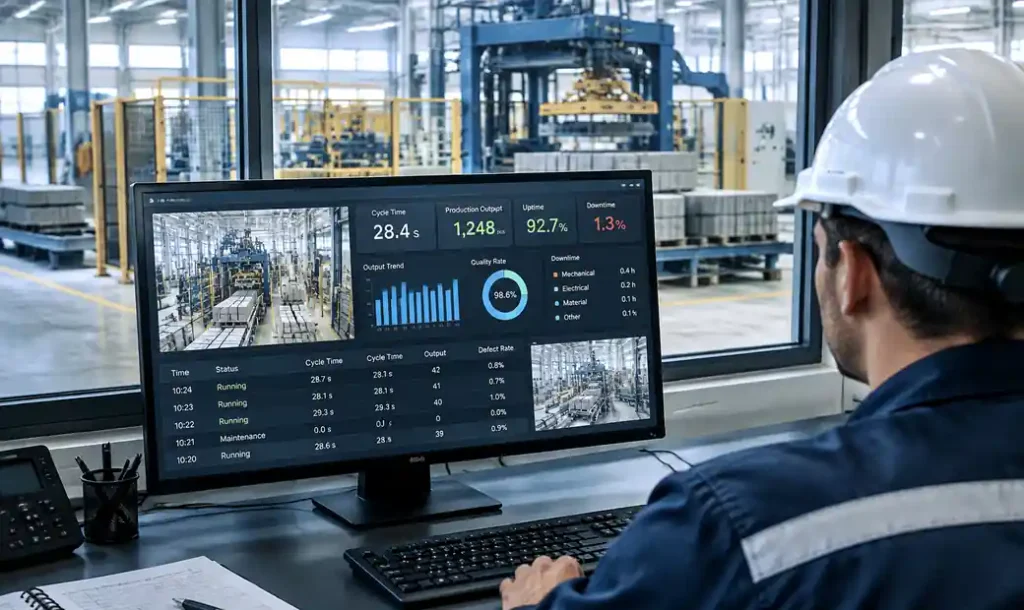 Block production line monitoring dashboard showing machine performance metrics