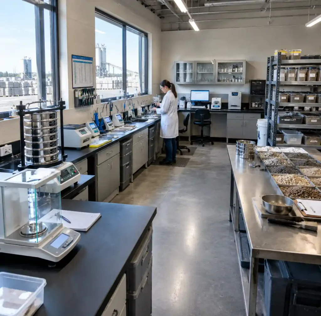 Complete quality control laboratory equipment setup for block manufacturing