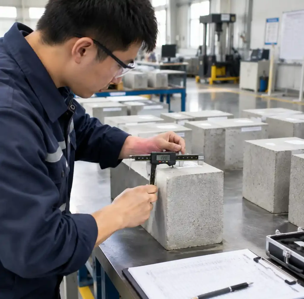 Quality control technician performing dimensional verification on concrete blocks