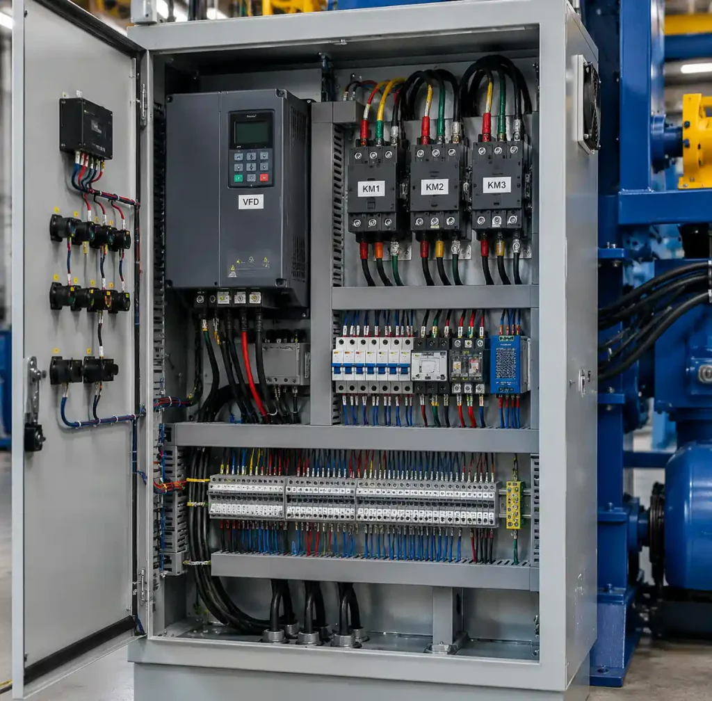 Electrical control panel and motor connections for vibration system