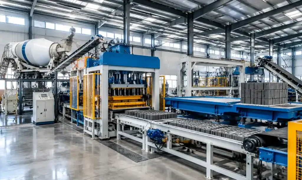 Complete block production line showing vibration system integrated with supporting equipment