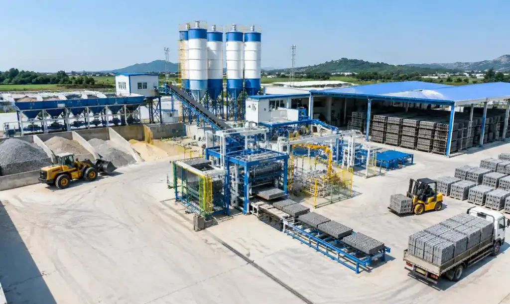 Overhead view of complete optimized block production facility showing integrated workflow