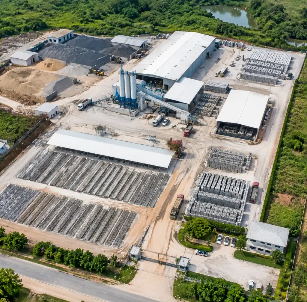Aerial view of completed block manufacturing facility showing all production zones