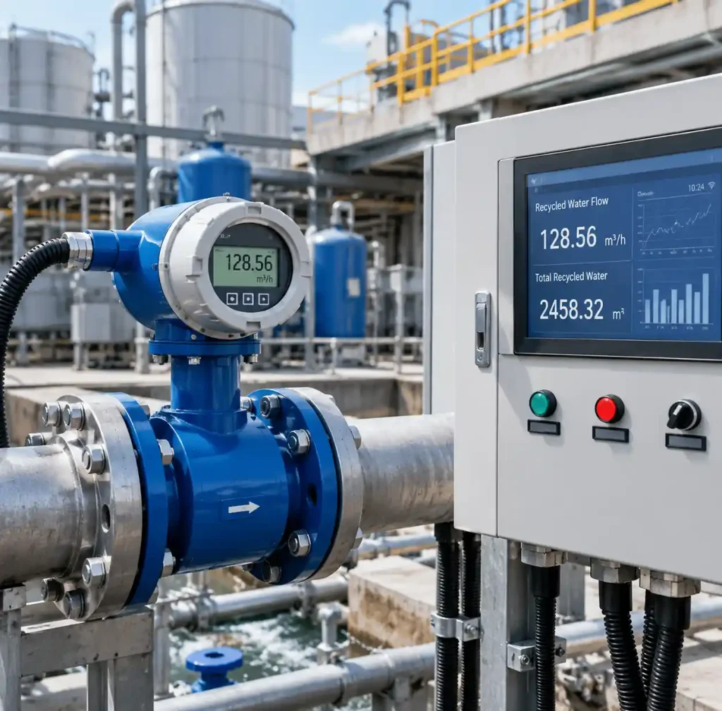 Water flow meters and monitoring equipment tracking water consumption and recycling rates