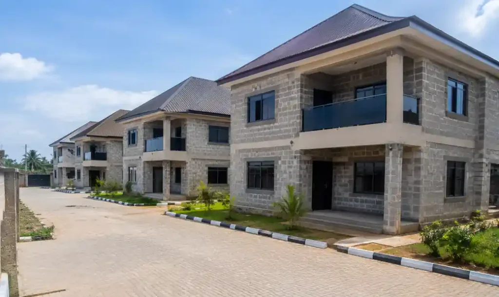 Completed residential housing project built with concrete blocks
