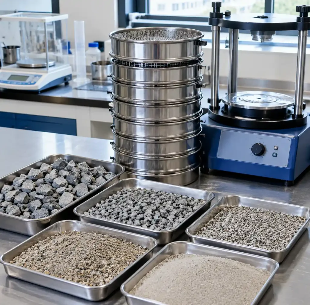 Aggregate sieve analysis and particle size distribution testing for mix optimization